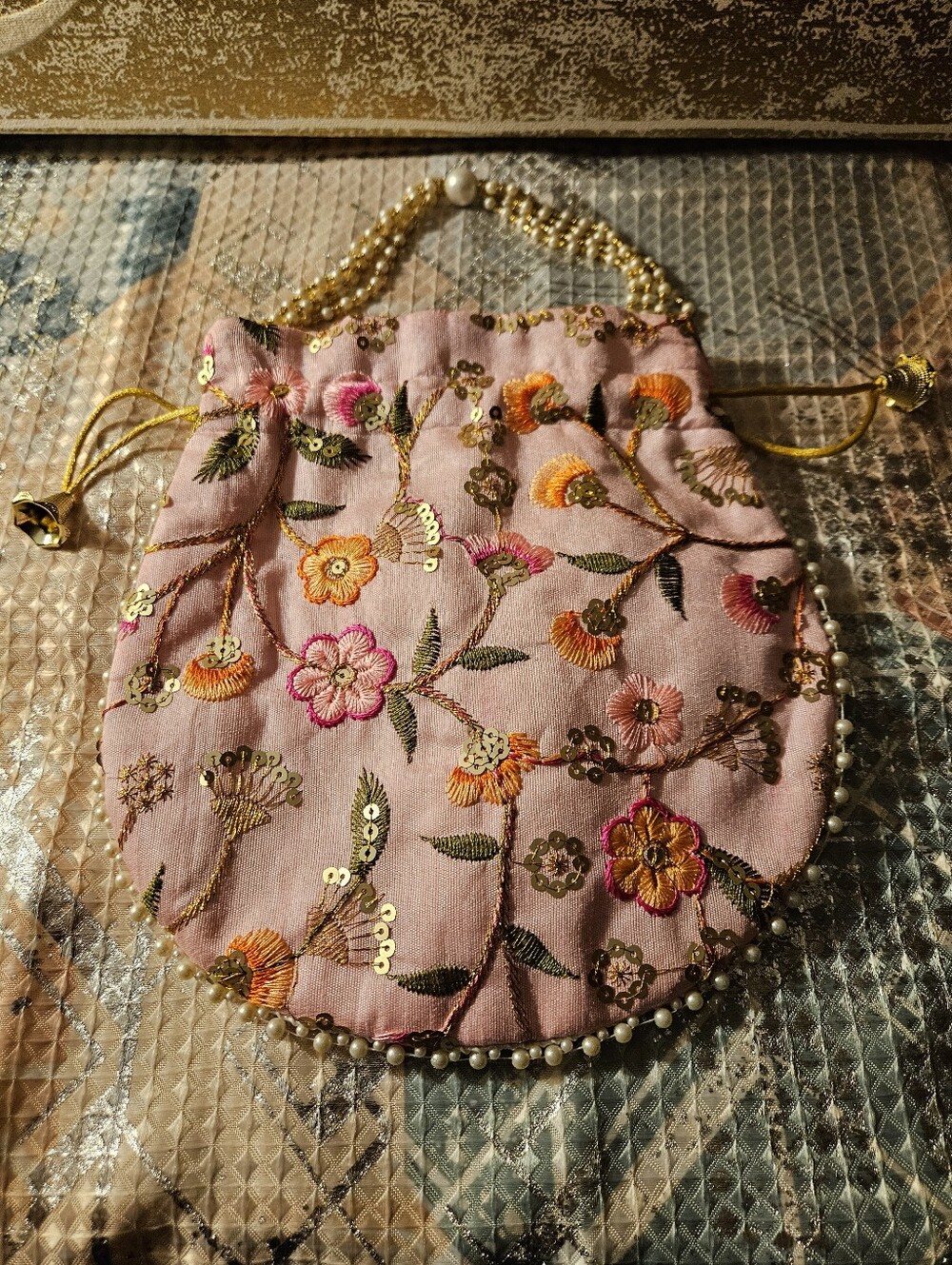 Embroidered Pink Floral Drawstring Evening Bag - Picture 5 of 5